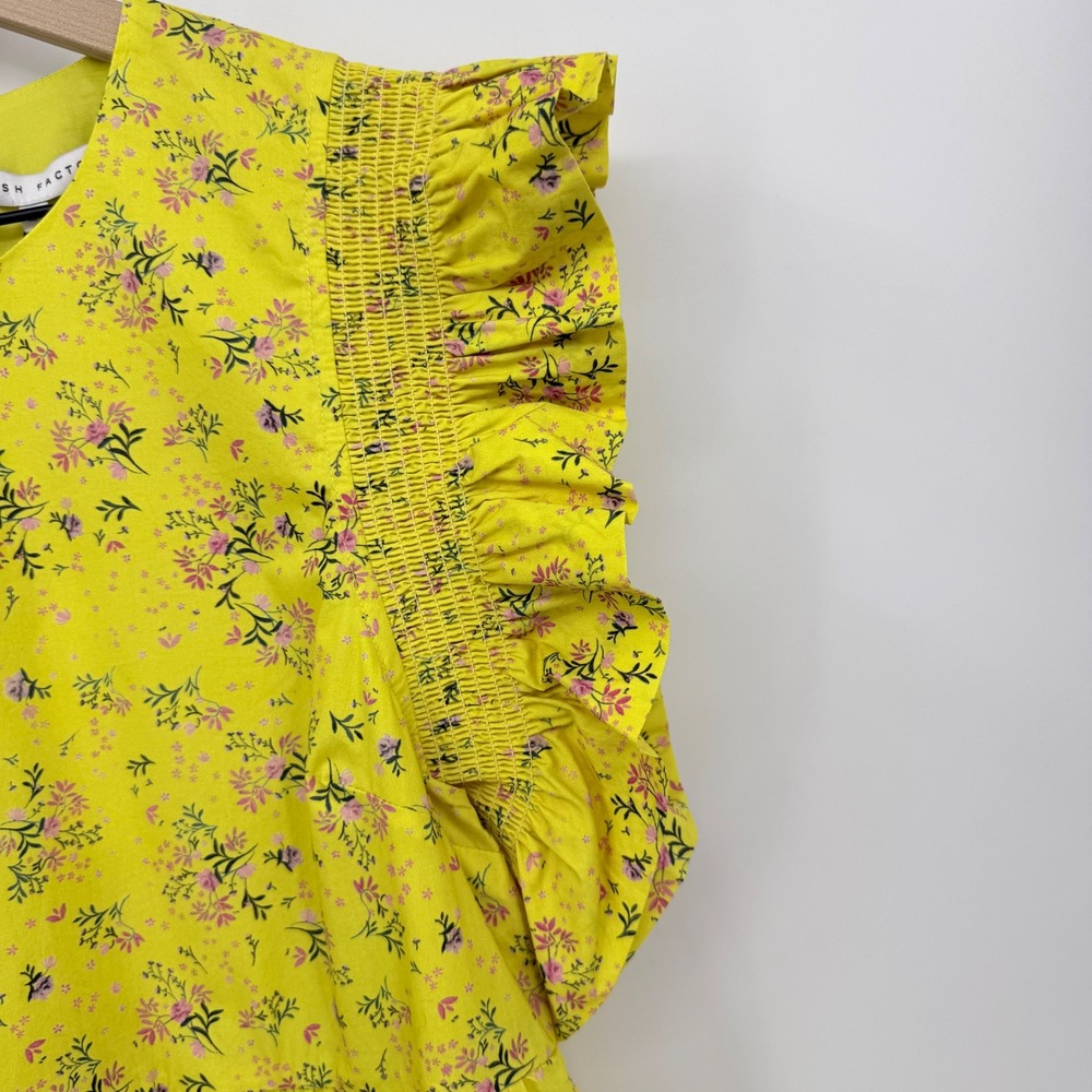 English Factory Floral Mini Dress Yellow Smocked Ruffle Sleeve Tiered M Babydoll - Picture 9 of 10